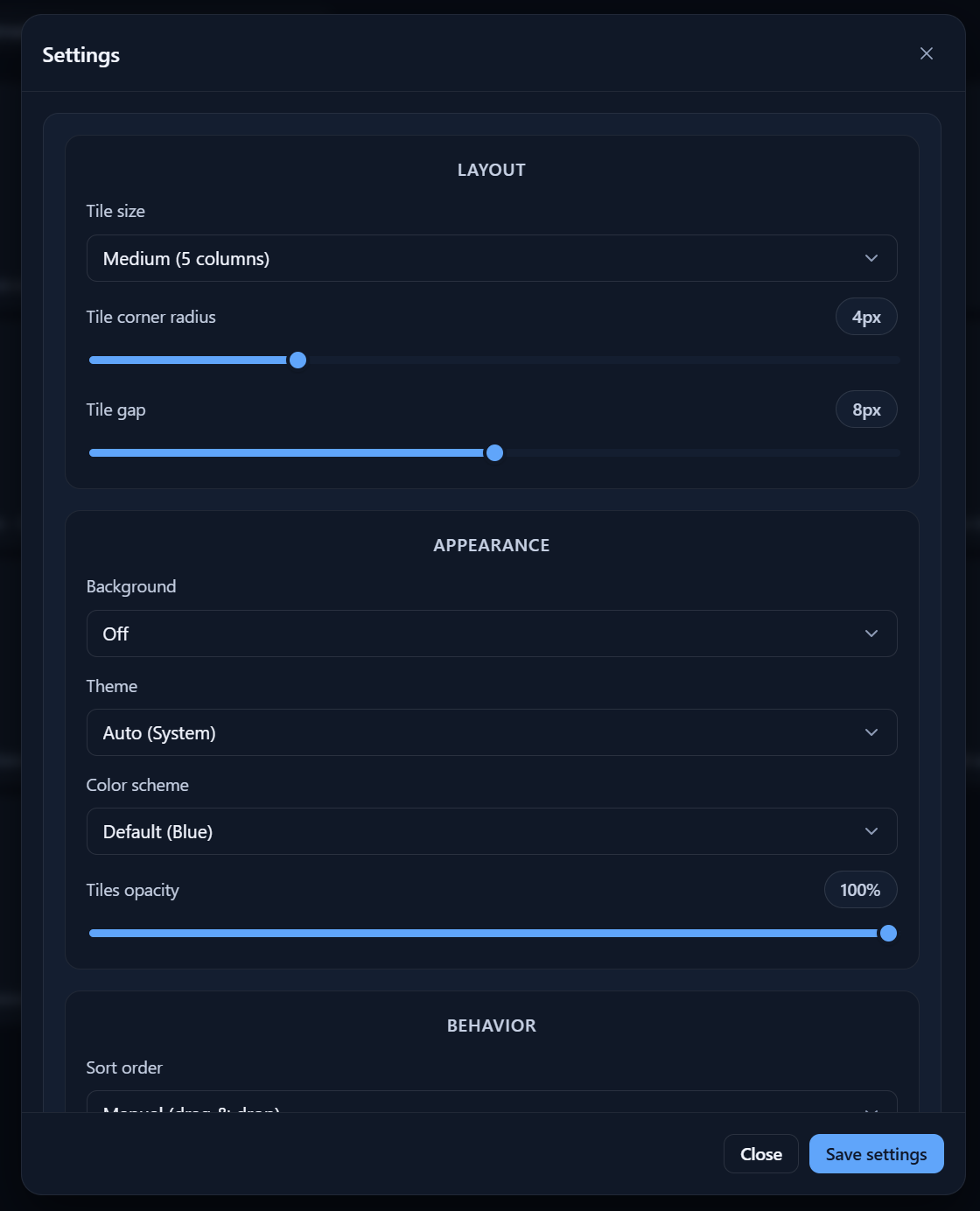 Tiler settings panel showing layout, appearance, and behavior options